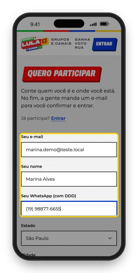 Tela do formulário Quero participar com os campos de e-mail, nome e WhatsApp preenchidos.