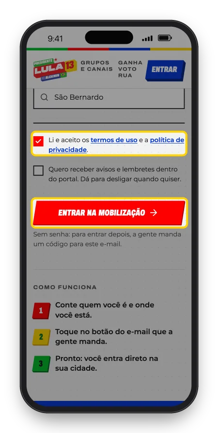 Tela com a caixa de aceite marcada e o botão vermelho Entrar na mobilização.