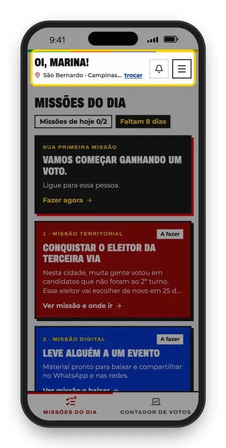 Missões do dia do apoiador, com a saudação Oi, Marina e a primeira missão no topo.